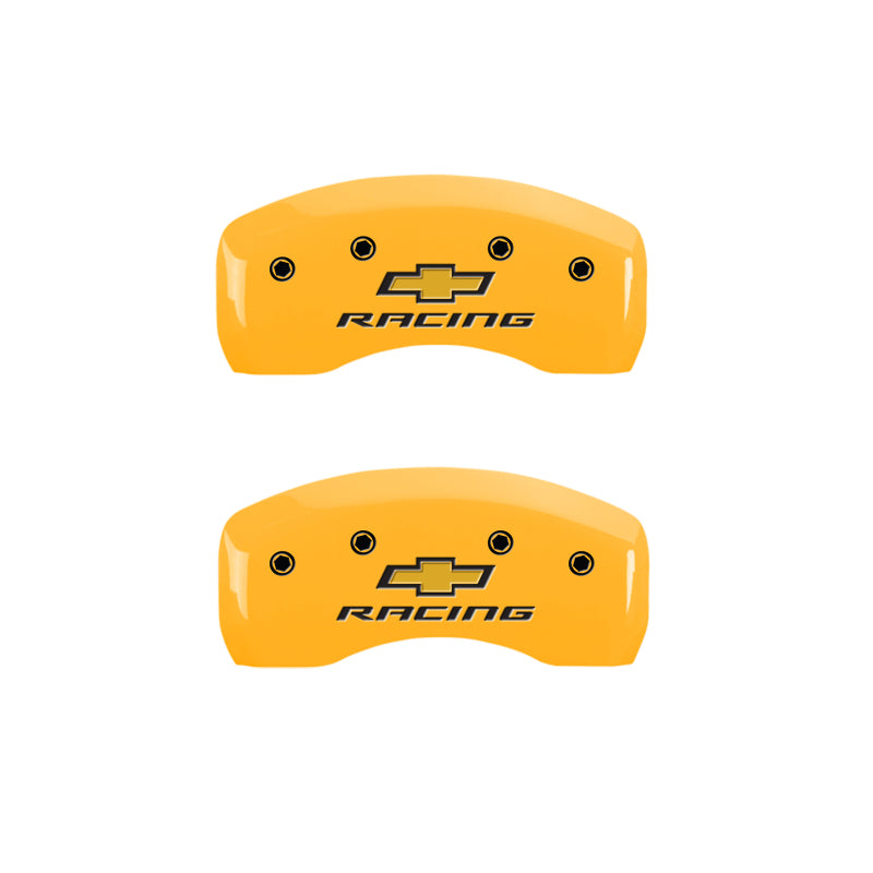 MGP 4 Caliper Covers Engraved F & R Chevy Racing Yellow Finish Black Char 2017-2023 Chevrolet Bolt EV
