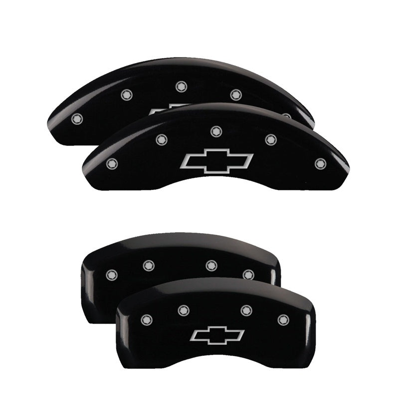 MGP 4 Caliper Covers Engraved Front & Rear Bowtie Black Finish Silver Char 2017-2023 Chevrolet Bolt EV