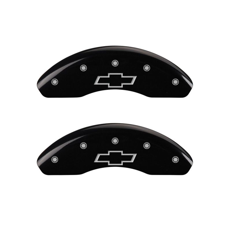 MGP 4 Caliper Covers Engraved Front & Rear Bowtie Black Finish Silver Char 2017-2023 Chevrolet Bolt EV