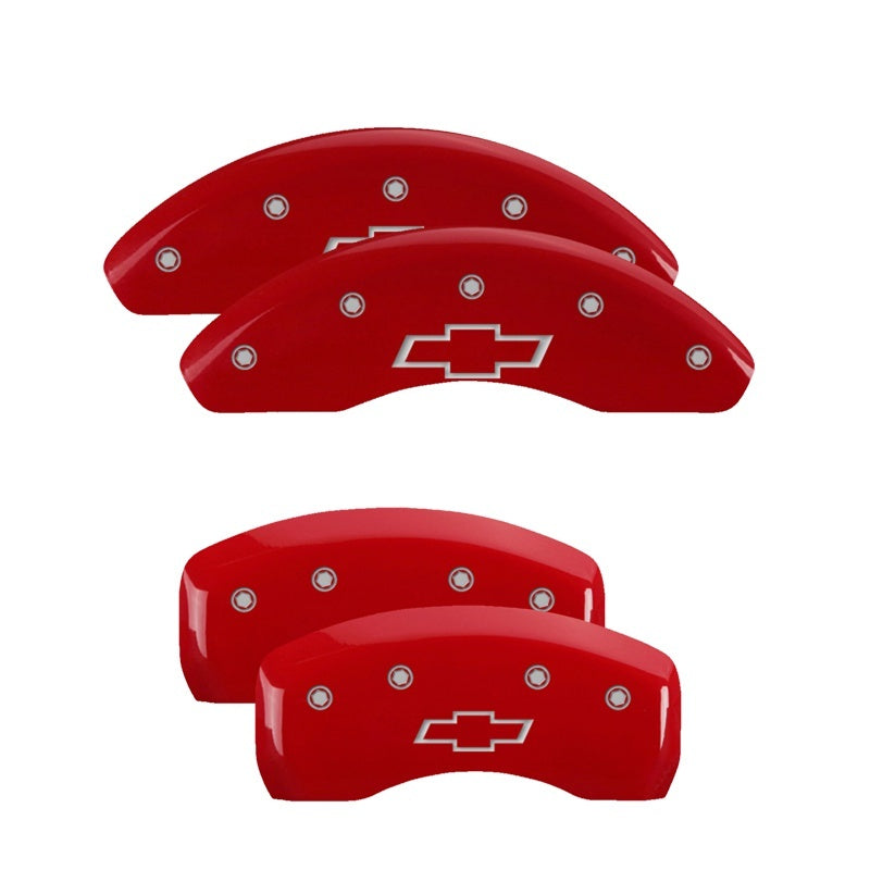 MGP 4 Caliper Covers Engraved Front & Rear Bowtie Red Finish Silver Char 2017-2023 Chevrolet Bolt EV