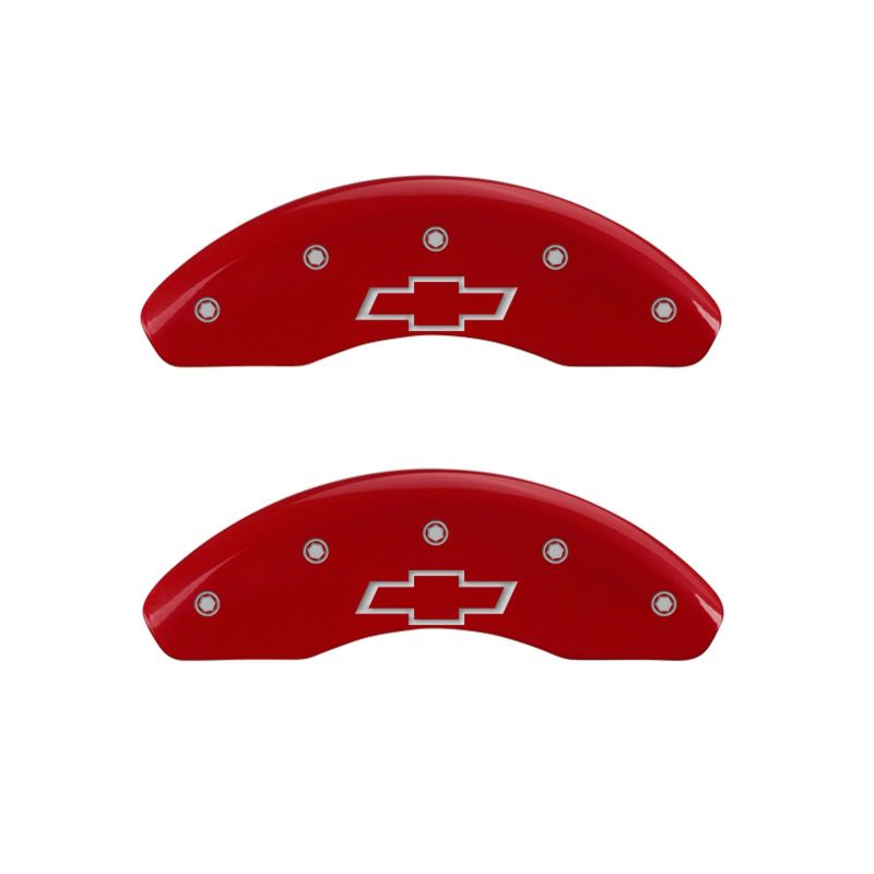 MGP 4 Caliper Covers Engraved Front & Rear Bowtie Red Finish Silver Char 2017-2023 Chevrolet Bolt EV